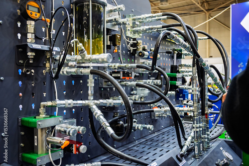 Detailed view of an industrial hydraulic test bench with complex piping, valves, gauges, sensors, and a fluid reservoir. Fluid power technology demonstration equipment.