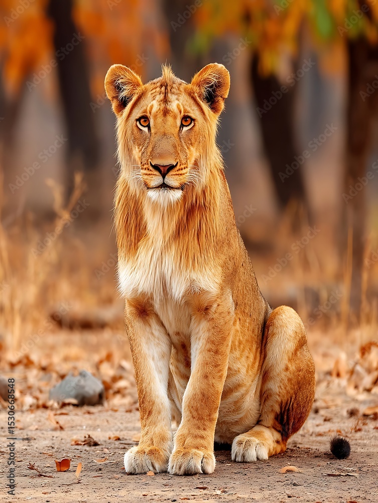 Obraz premium a young lion with a light mane sits on a ground covered in fallen leaves. the animal faces forward, looking directly at the viewer with an alert expression