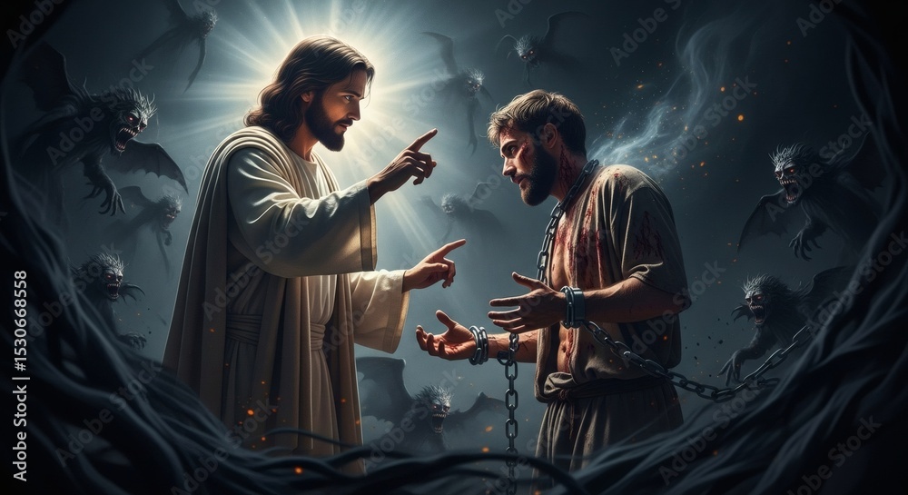 Obraz premium Jesus frees a man from spiritual bondage, the triumph of divine grace