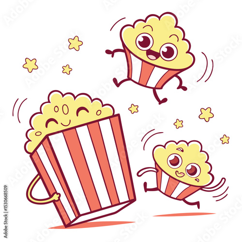 Playful cartoon popcorn characters jumping with stars