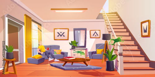 Confused man watches frog jump around living room - green amphibian leaps between furniture with dotted trail paths. Sofa and wooden stairs, potted plants and floor lamp in cozy home interior scene.