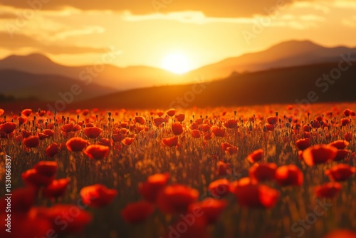 Vibrant poppy field at sunset with rolling hills. AI generative
