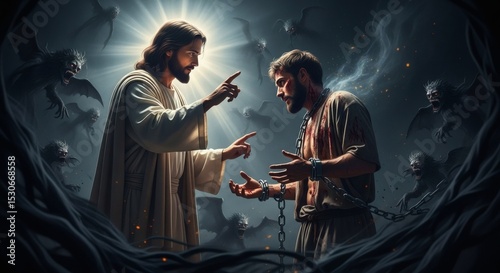 Jesus frees a man from spiritual bondage, the triumph of divine grace