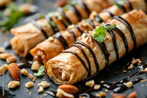 Chocolate drizzled pastry roll with nuts on wooden board. AI generative