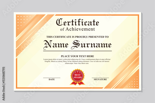 Simple yellow abstract achievement certificate template, modern certificate template design