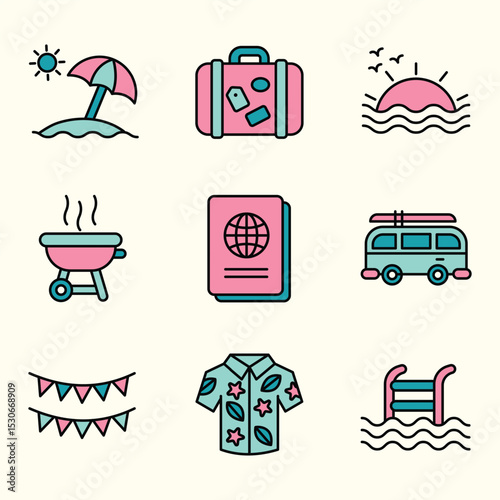COLORED SUMMER HOLIDAY ICONS SET