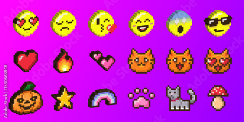 Pixel art emoticon collection with 3d effect - yellow smiling faces showing various expressions, hearts, fire, cats and cute objects. Retro 8 bit style icons for gaming interface or digital stickers.