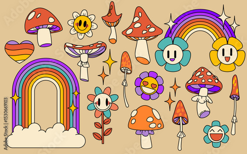 Psychedelic retro set with mushroom and flower, groovy rainbow arch with clouds. Vintage smiling daisies and colorful toadstools with sparkles and hearts. 70s hippie elements for nostalgic designs.