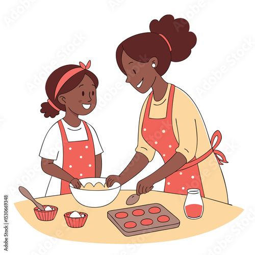 Happy black mother and daughter baking cookies together in the kitchen