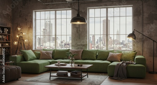 Urban Loft Living Room with Green Sectional Sofa and City View