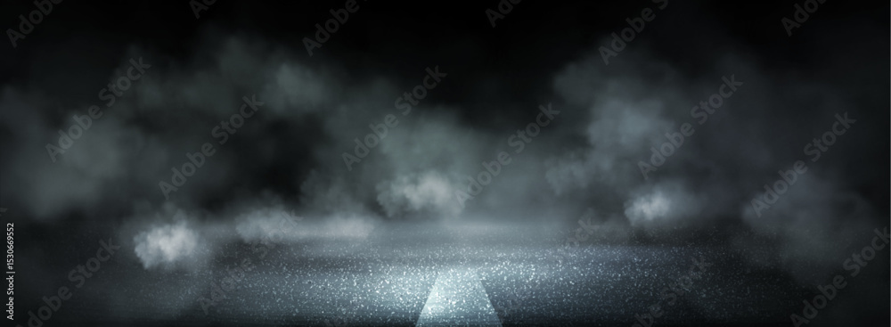 Fototapeta premium Dark asphalt road with white lane marking in thick smoke clouds. Racing scene atmosphere with dramatic fog effects on black background. Moody street surface for speed competition or auto presentation.
