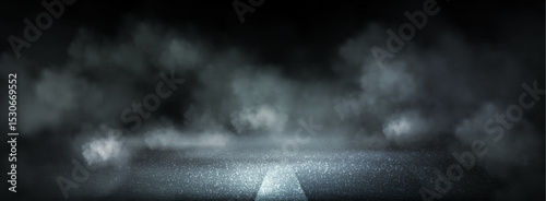 Dark asphalt road with white lane marking in thick smoke clouds. Racing scene atmosphere with dramatic fog effects on black background. Moody street surface for speed competition or auto presentation.