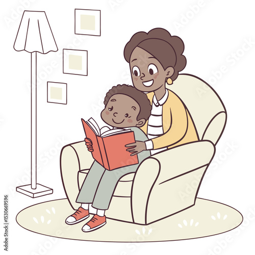A black mother and son sharing a cozy reading moment in an armchair