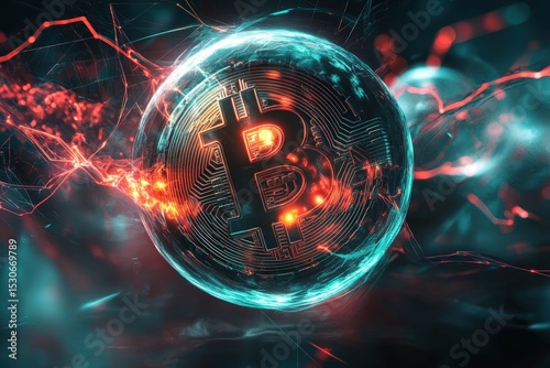Digital bitcoin sphere in dynamic abstract background.