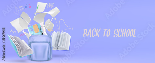 3d back to school composition with open blue backpack, floating notebooks, papers and stationery on pastel background. Math formulas scattered around supplies in education scene for student promotion
