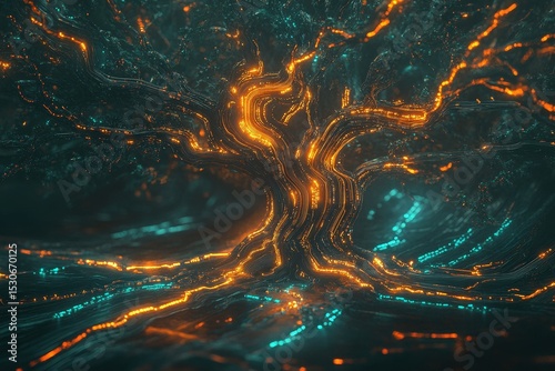 Intricate digital tree with glowing veins.