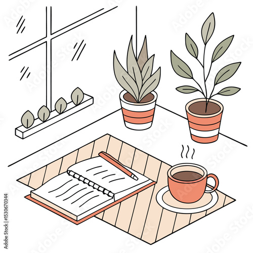 Cozy corner illustration featuring a notebook pencil coffee and potted plants near a window