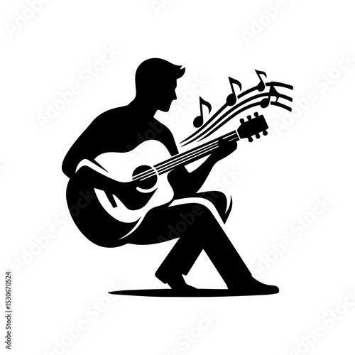 Minimalist music performer logo with black silhouette of seated guitarist playing acoustic instrument surrounded by floating notes