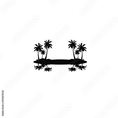 A serene lagoon with palm trees on the edges silhouette on white background