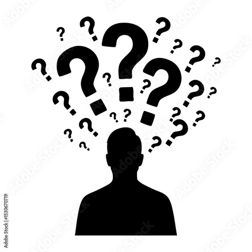 Vector art of a silhouette of a person overwhelmed by a swarm of question marks, isolated on white background