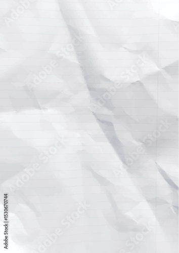 Crumpled white paper texture with line grid background - wrinkled sheet with shadows and folds. Abstract pattern of crushed document or note with creases for educational or creative concepts.