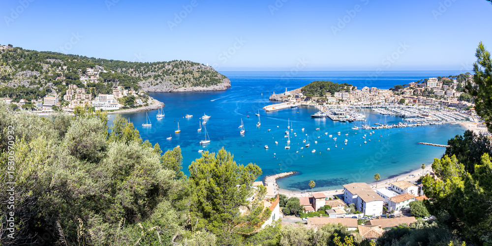 Fototapeta premium Port de Soller on Mallorca island from above marina with boats holiday panorama by the sea beach in Spain