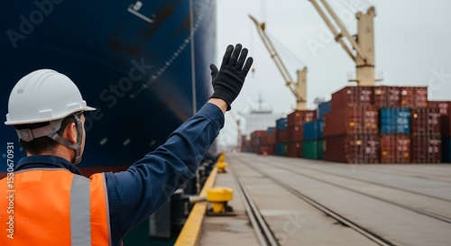 Dockworker Signaling Cargo Ship Arrival at Port