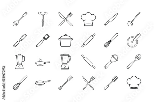 Collection of line art kitchen utensils and cooking tools