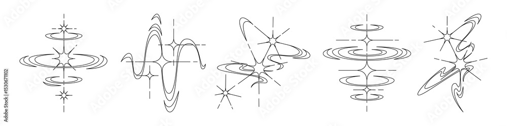 Obraz premium Y2K star tattoo line art collection with cosmic swirls, orbital rings and celestial sparkles. Minimalist space designs with abstract stellar forms for nostalgic body art or retro futuristic graphic.