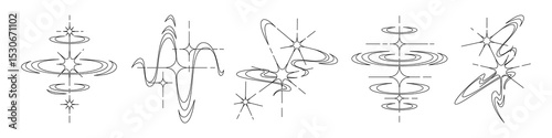 Y2K star tattoo line art collection with cosmic swirls, orbital rings and celestial sparkles. Minimalist space designs with abstract stellar forms for nostalgic body art or retro futuristic graphic.