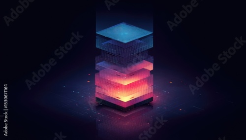 Isometric digital structure, glowing layers of blue, purple, and orange light, reflecting on dark surface