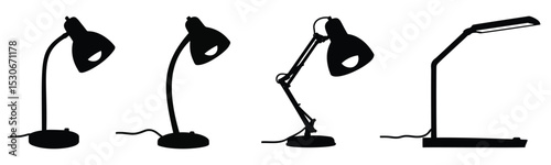 Collection of black desk lamp silhouettes set, showcasing various styles including goose-neck, adjustable arm, and modern LED designs for diverse workspaces