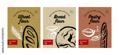 Hand drawn bakery retro poster set. Wheat flour packaging design. Vintage sketch vector illustration