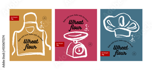 Hand drawn bakery retro poster set. Wheat flour packaging design. Vintage sketch vector illustration