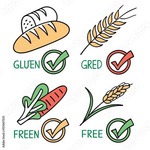 Gluten free and grain free diet icons checkmarks indicate approved foods