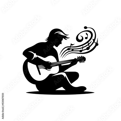 Elegant guitarist silhouette logo featuring skilled musician playing acoustic guitar with flowing musical notes in minimalist vector design
