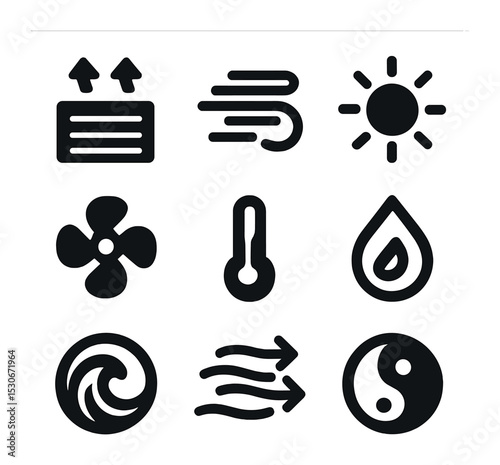 Greenhouse Control Icons. Solid, filled icons set of greenhouse climate control: air vent, mist swirl, sun