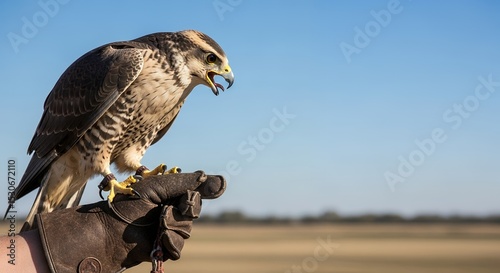 Peregrine Falcon Perched on a Gloved Hand Against a Clear Blue Sky