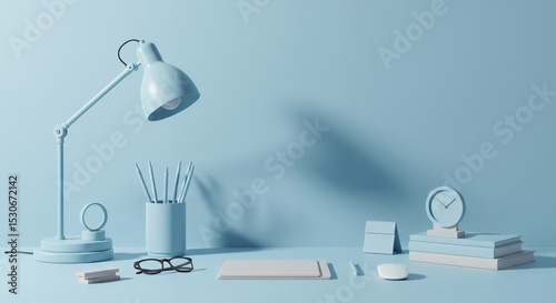 Serene Blue Desk Setup with Minimalist Accessories