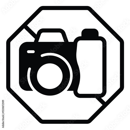 Do not take photos solid icon, city museum concept. Vector graphics. Photo camera forbidden, photography sign on white background, style mobile or design.