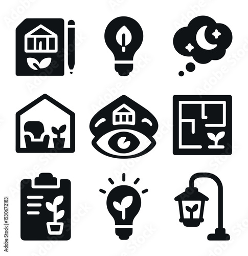 Greenhouse Icon Grid. Solid, filled icons set of greenhouse dreams and inspiration: plan sketch, idea bulb,