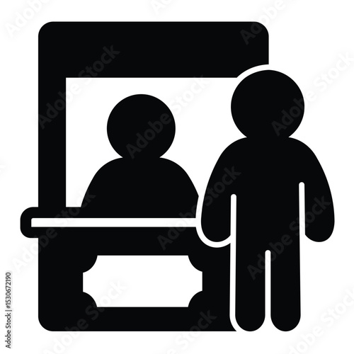 Man with tickets cashier box solid icon, city museum concept. Vector graphics. Human buying ticket sign on white background, style mobile or design.