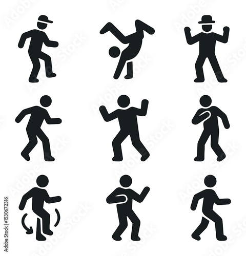Modern Dance Icons. Solid, filled icons set of modern dance styles: hip hop step, break dance, pop lock,