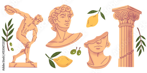 Ancient Greek doodle illustrations with classical statue, busts, column architecture and Mediterranean olive, lemon and leaves branches. Archaeological elements for historical education, museum design