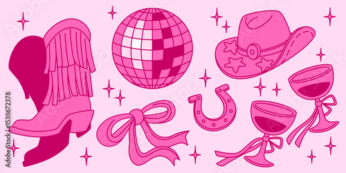Pink disco cowgirl party elements set - sparkly mirror ball, fringed western boots, decorative ribbon, horseshoe, star patterned hat, wine glasses tied with bows. Retro country music celebration icons