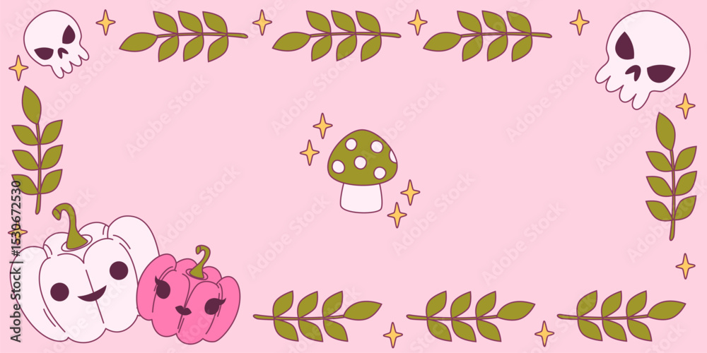 Obraz premium Coquette halloween frame border - cute skulls, autumn leaf branches, white and pink pumpkins with faces, spotted mushroom and golden stars scattered. Kawaii spooky design for october invitations.