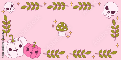 Coquette halloween frame border - cute skulls, autumn leaf branches, white and pink pumpkins with faces, spotted mushroom and golden stars scattered. Kawaii spooky design for october invitations.
