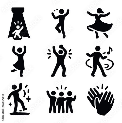 Stage Performance Icons. Solid, filled icons set of stage performance dance: spotlight glow, stage move,