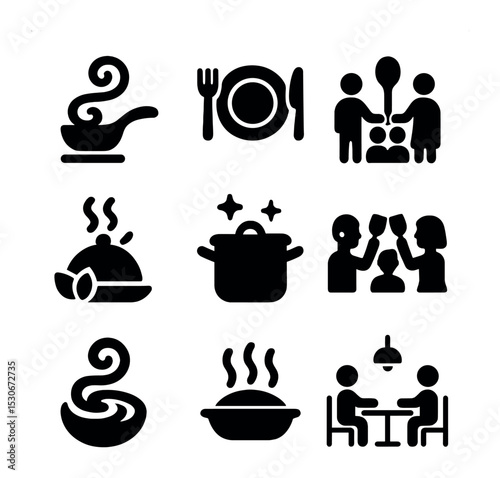 Family Meal Icons. Solid, filled icons set of family meal and kitchen fun: cooking swirl, dinner plate, shared