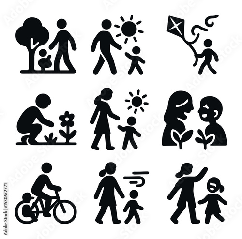 Outdoor Family Icons. Solid, filled icons set of outdoor family fun: park stroll, sunny step, kite swirl,
